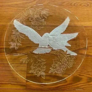 Vintage Glass Platter With Frosted Doves